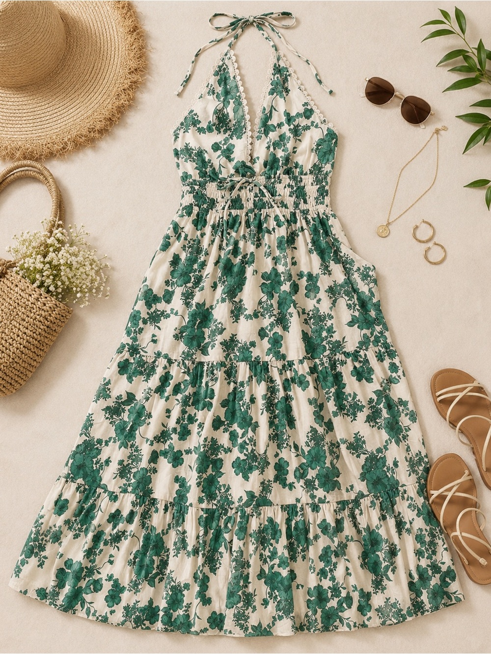 Monteau Los Angeles Size M Green Floral Halter Maxi Dress With Pockets